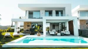 White house and blue swimming pool