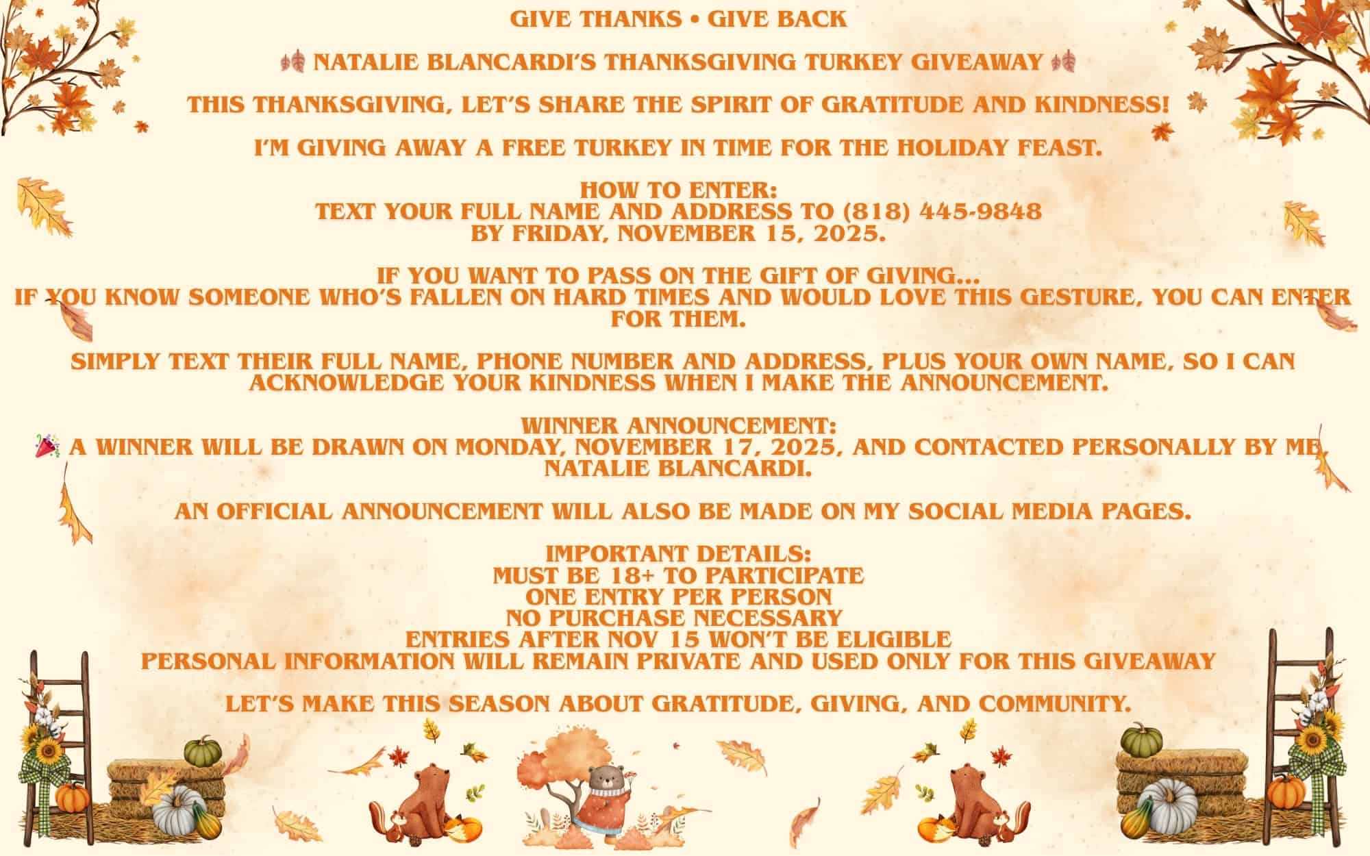 Natalie Blancardi THANKSGIVING TURKEY GIVEAWAY
